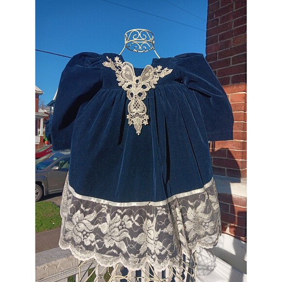 Sz 2T JoLene Girls Vintage 80s Velvet Dress Victorian Style Navy Blue Holiday - Picture 3 of 16